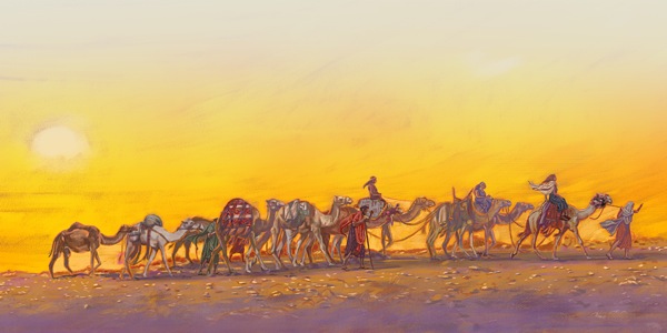 Eliezer, Rebekah, the servants, and ten camels, making the long journey to Canaan