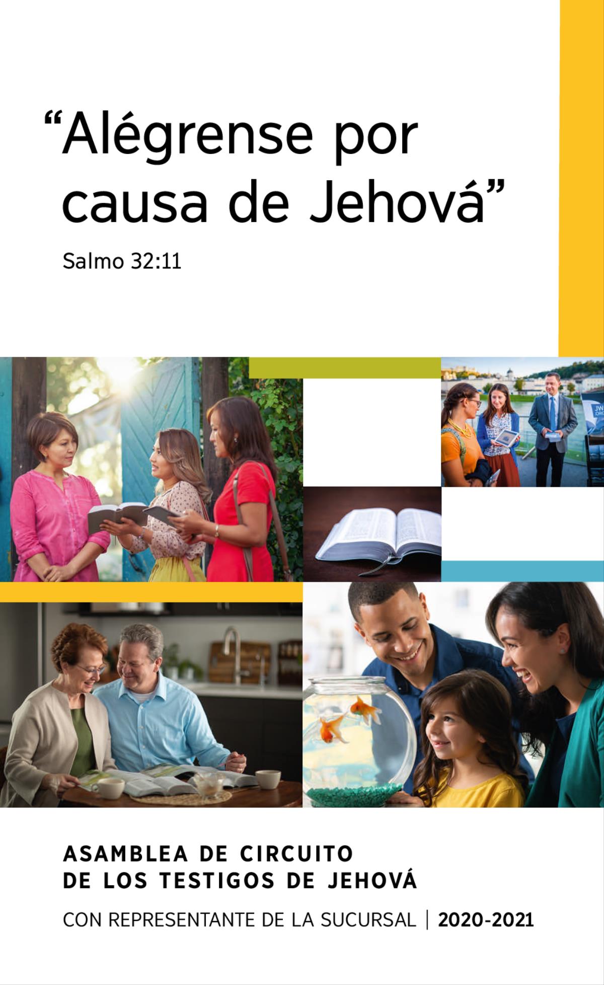 Serie de imágenes: 1. Familia feliz mirando los pececitos dorados de una pecera. 2. Dos testigos de Jehová le explican un versículo de la Biblia a una señora en su casa. 3. Un matrimonio estudia la Biblia con la ayuda de publicaciones bíblicas. 4. Una biblia abierta. 5. Un matrimonio le muestra un video de la Biblia a una mujer en la vía pública.