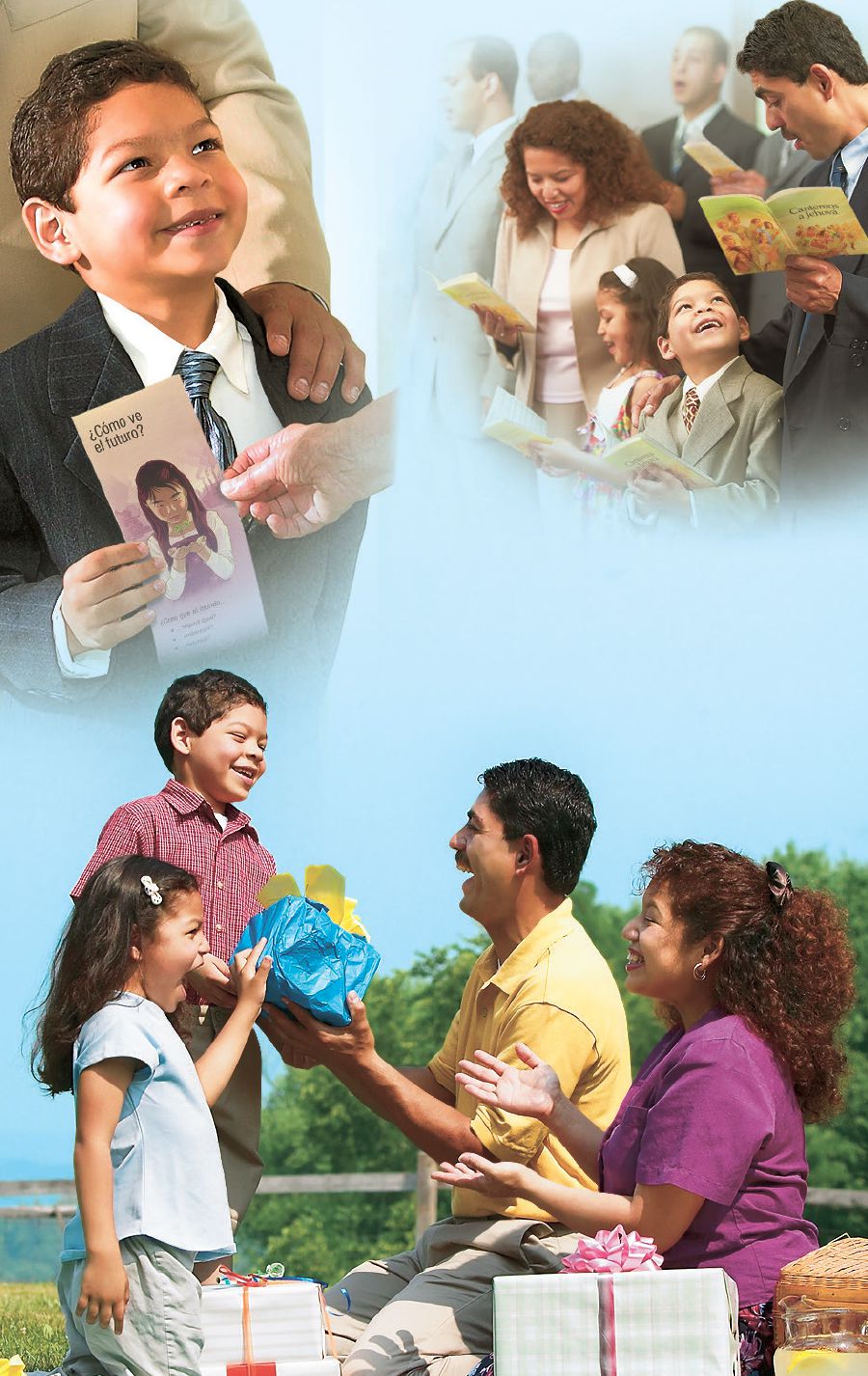 Imágenes de una familia predicando las buenas noticias, juntos en una reunión cristiana y haciéndose regalos mientras pasan tiempo juntos en un parque