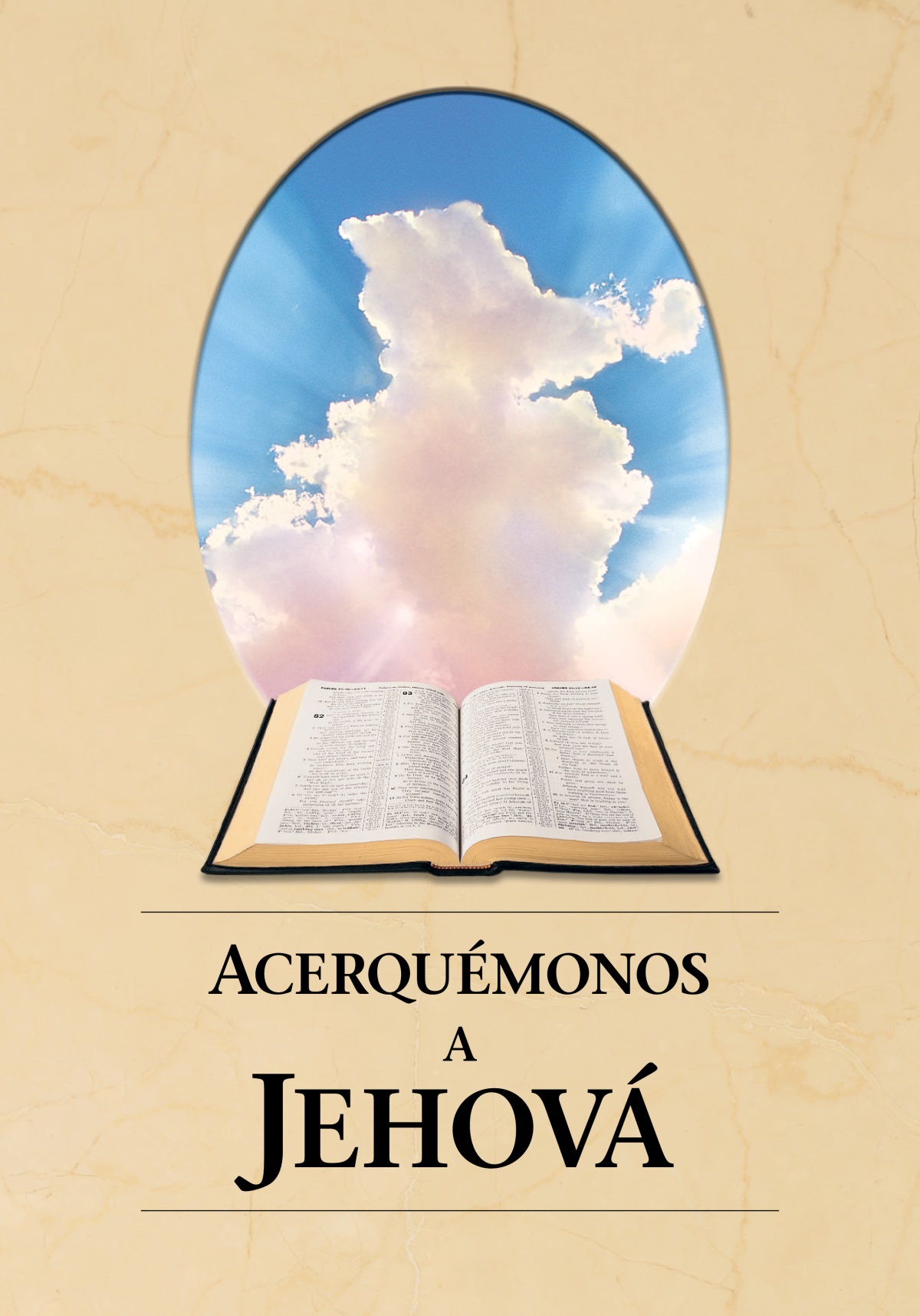 El libro “Acerquémonos a Jehová”. Una biblia abierta y el sol brillando entre las nubes.