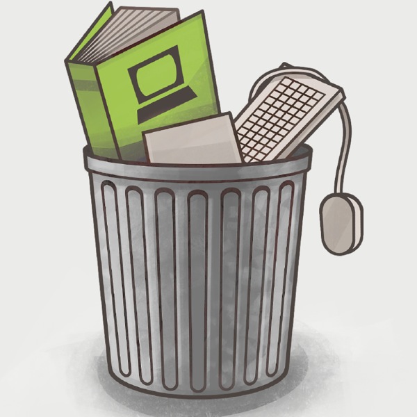 Un cubo de basura lleno de artículos viejos de computadora