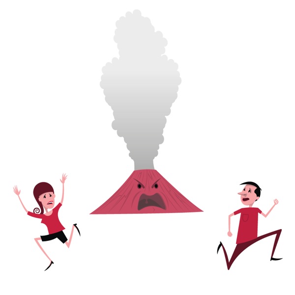 Dos personas huyendo de un volcán en erupción