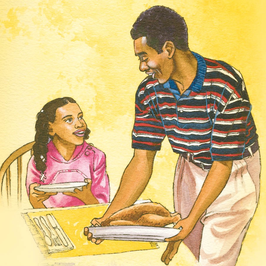 Una familia prepara una comida