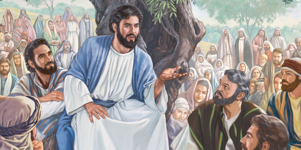 Jesús dando el Sermón del Monte ante sus apóstoles y discípulos