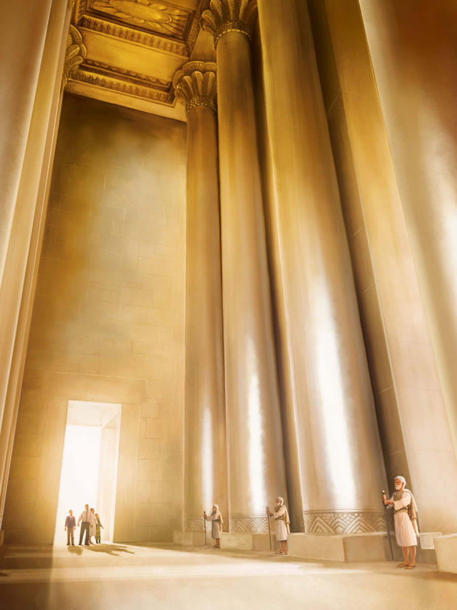 Unas personas mirando hacia el patio del gran templo espiritual de Jehová, con varios guardias apostados en la entrada