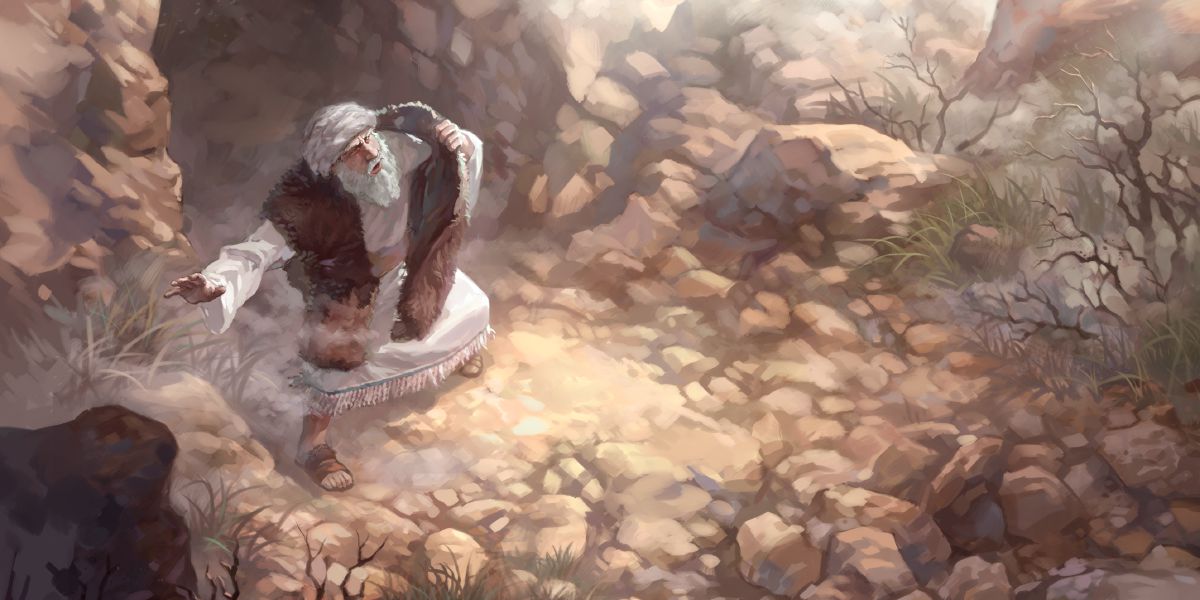 Elías está de pie fuera de una cueva en el monte Horeb y escucha al ángel de Dios