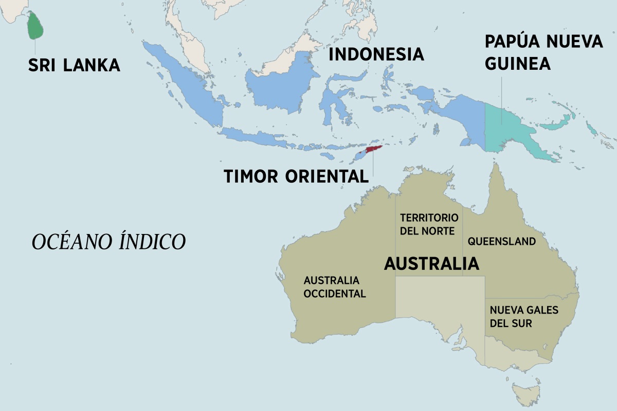 .Un mapa de Australia y los países cercanos, entre ellos, Sri Lanka, Indonesia, Papúa Nueva Guinea y Timor Oriental. El mapa de Australia muestra el Territorio del Norte y los estados de Australia Occidental, Queensland y Nueva Gales del Sur.