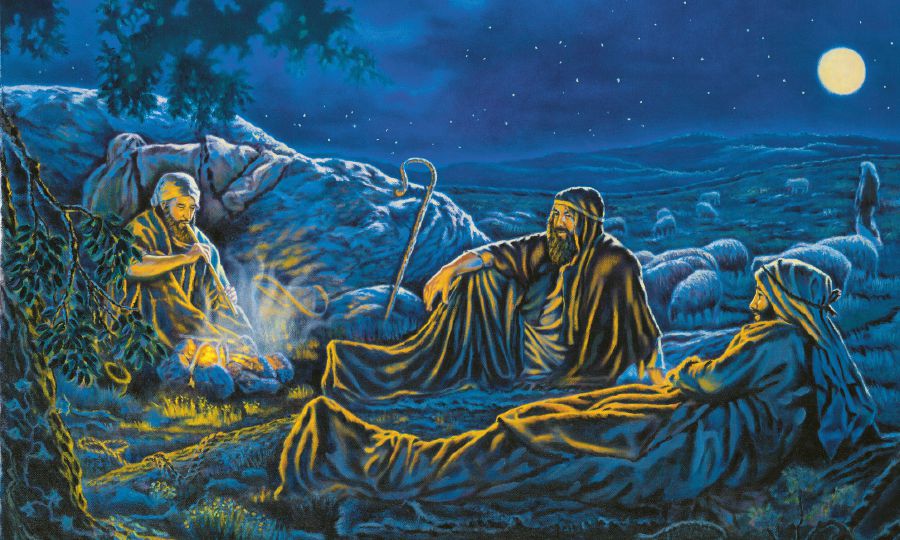 Pastores en un campo por la noche