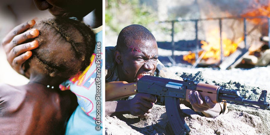 Un niño muriéndose de hambre; un hombre en un combate