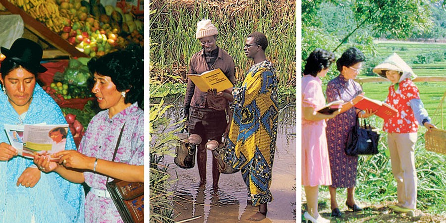 Algunos testigos de Jehová predicando en Bolivia, Senegal y Taiwán