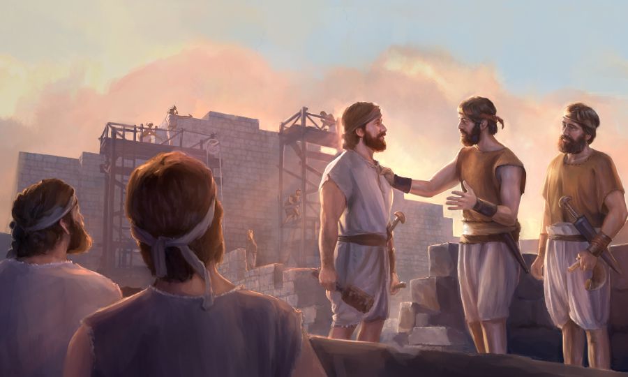 Nehemías animando a los que trabajan con él en la reconstrucción de las murallas de Jerusalén.