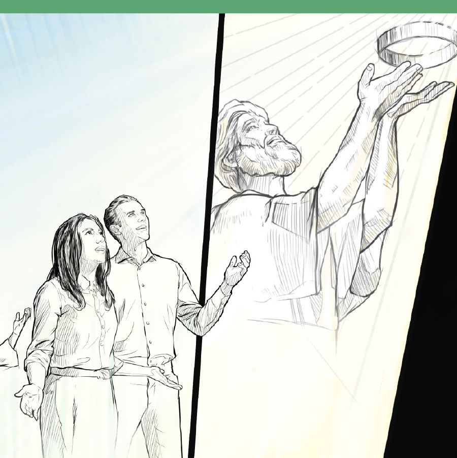 Imágenes de sucesos de la época de la prueba final: 1. Seres humanos perfectos mirando hacia los cielos. 2. Jesús entregándole su corona a Jehová.