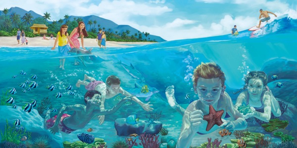 Escena del Paraíso: gente disfrutando en la playa y niños nadando