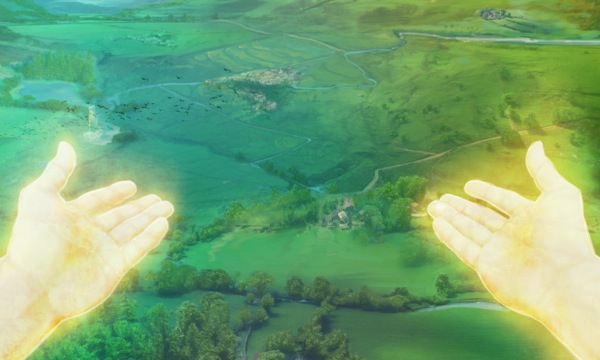 Manos celestiales dirigiendo a las personas obedientes por un camino que conduce a un futuro mejor en una tierra paradisíaca