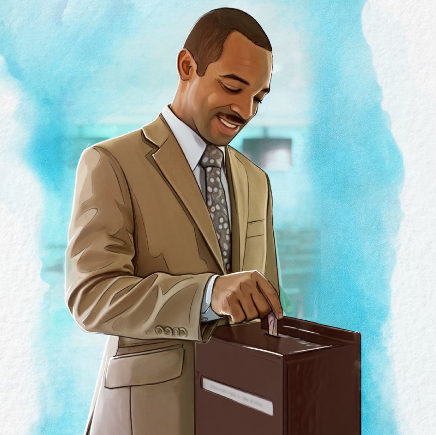 Un hermano echa un donativo en la caja de contribuciones