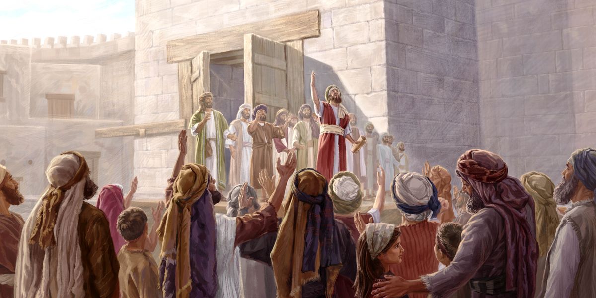 Esdras con un rollo de las Escrituras y alabando a Jehová delante del pueblo.