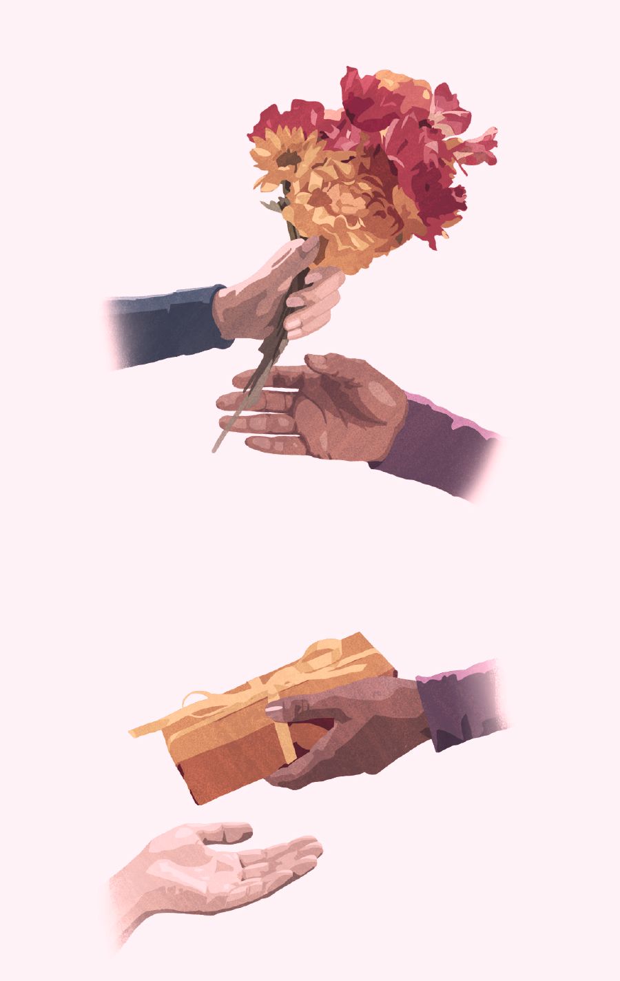 Una persona recibe un ramo de flores y luego le da un regalo a una tercera persona