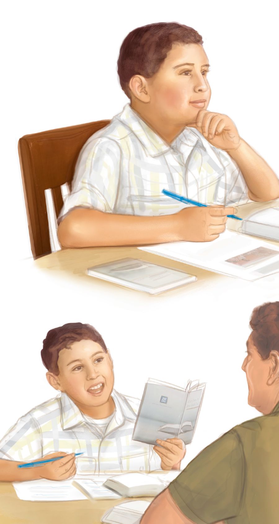 Un padre utiliza las guías de estudio de jw.org y el libro Enseña para que su hijo aprenda de la Biblia
