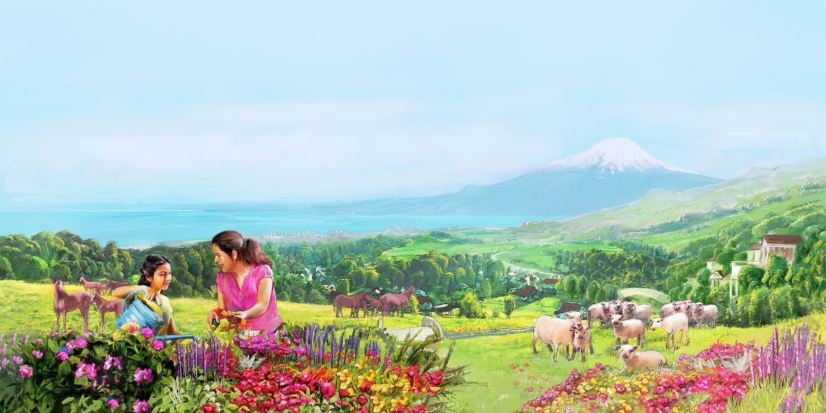 Una madre y su hija regando flores en el Paraíso