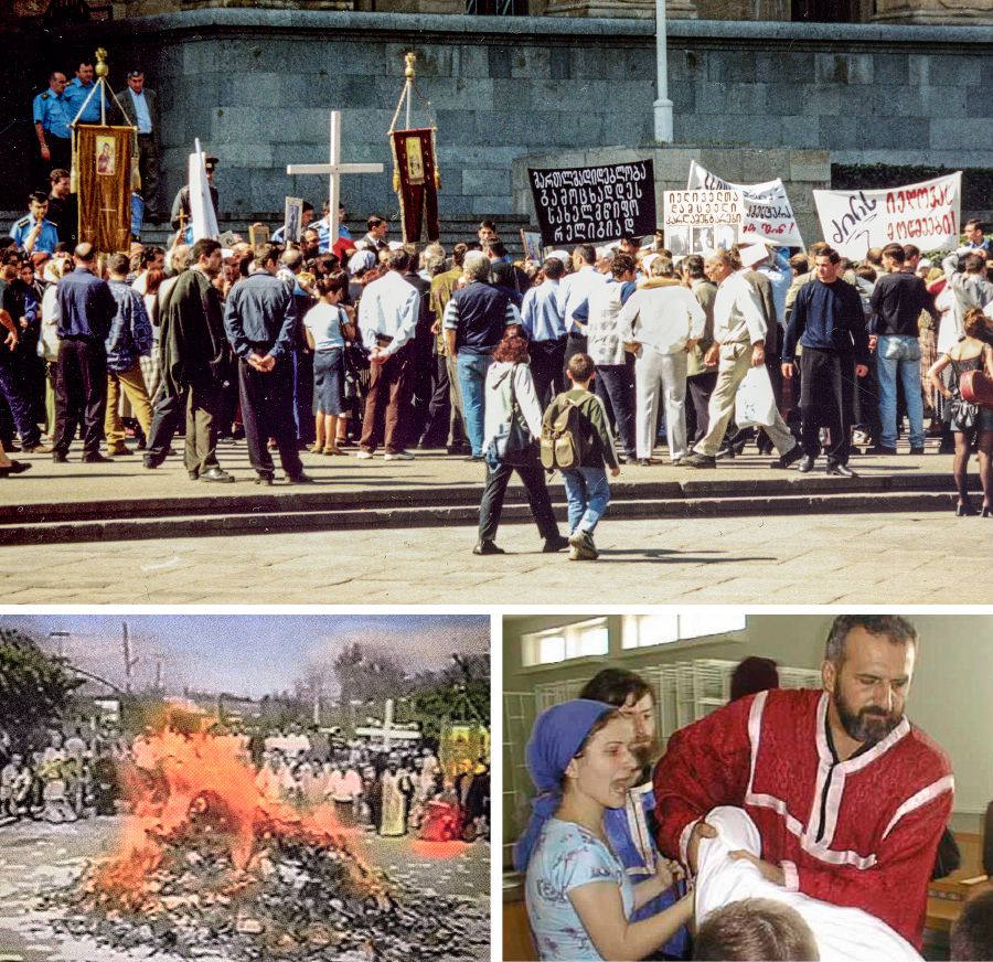 Protesta de un grupo extremista ortodoxo en Georgia; nuestras publicaciones son quemadas en la calle; miembros de una congregación siendo atacados