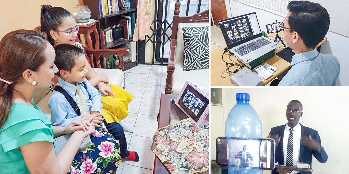 Fotokollaaž: 1. Perekond on koguduse videokoosolekul. 2. Vend haldab Zoomis koguduse koosolekut. 3. Vend esitab kõnet koguduse videokoosolekul.