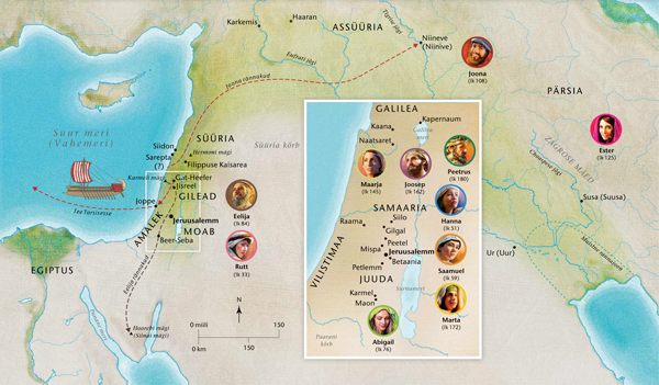 Piiblimaade kaart, kus elasid Hanna, Saamuel, Abigail, Eelija, Maarja ja Joosep, Jeesus, Marta, Peetrus