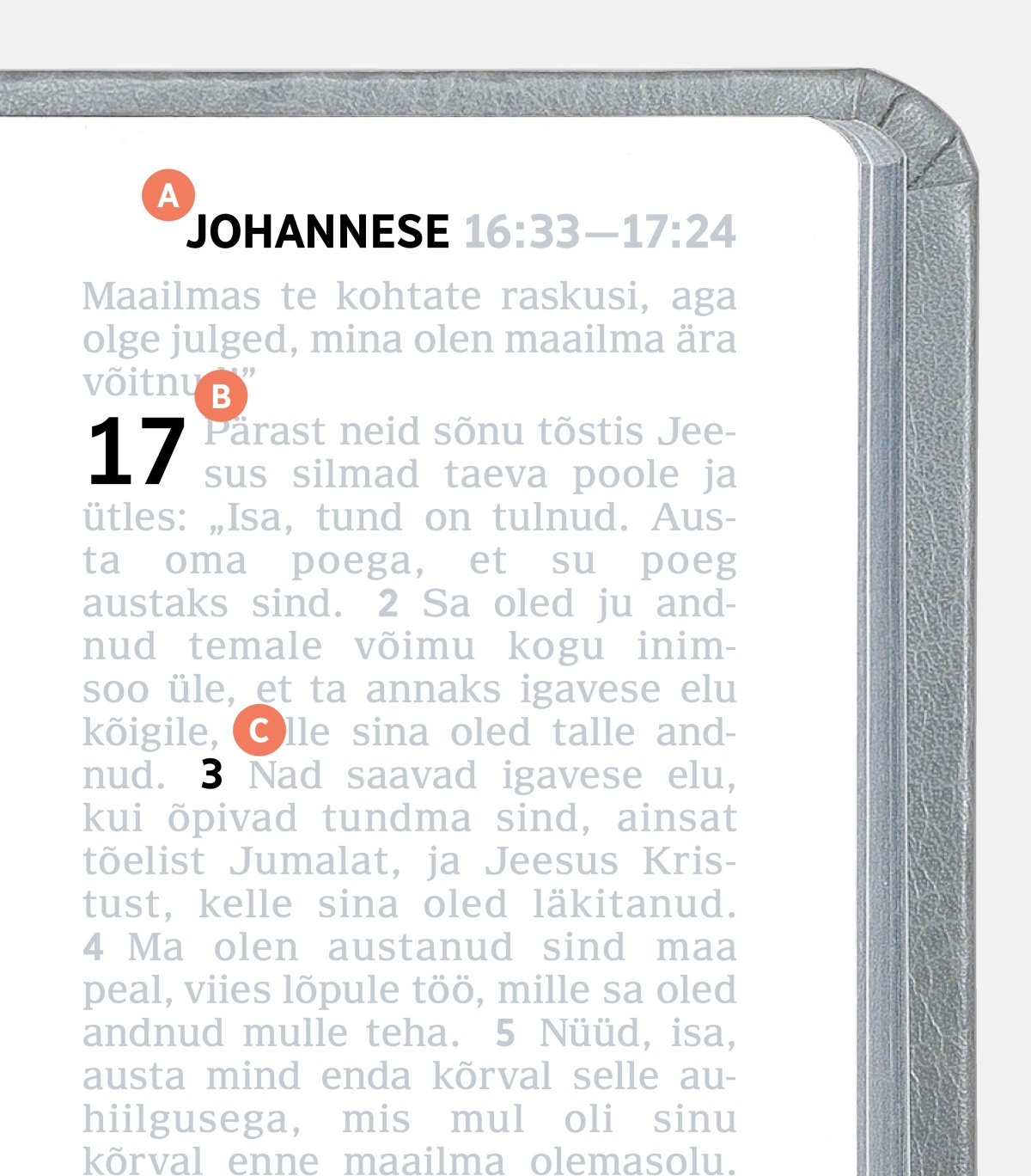 Tähed A, B ja C piibli leheküljel.