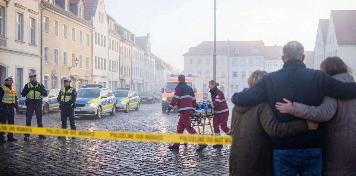 Politsei ja kiirabi suletud tänaval kuriteopaigas. Kiirabi aitab ohvrit. Kolm pealtvaatajat hoiavad lohutavalt üksteise ümbert kinni.