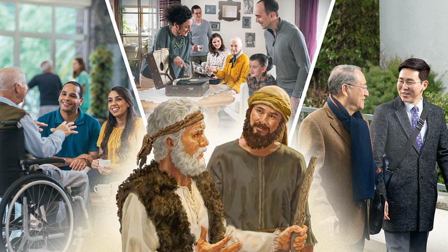 Eelija räägib Eliisaga. Fotokollaaž: mis olukordades saab eakate kogemusi kuulata. 1. Abielupaar kuulab eakamat venda hooldekodus. 2. Usukaaslased on eakal õel külas ning vaatavad tema fotoalbumit ja grammofoni. 3. Noor vend on koos eakama vennaga kuulutustööl.