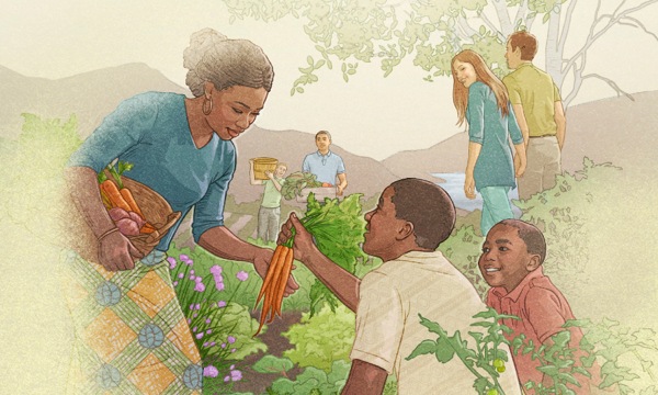 Jendea lorategian lanean eta bizitzaz gozatzen Jainkoaren erreinuaren agindupean lurrean egongo den paradisuan