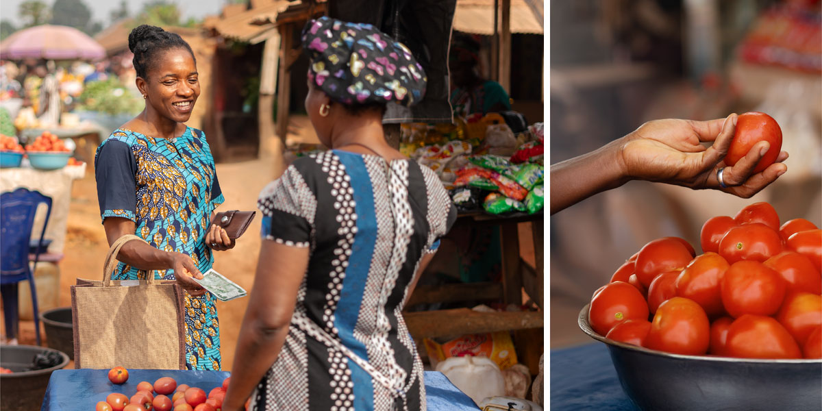 مجموعه‌ای از تصاویر:‏ ۱)‏ خانمی در یک بازار یک گوجه‌فرنگی سوا می‌کند.‏ ۲)‏ او به فروشنده پول می‌دهد.‏