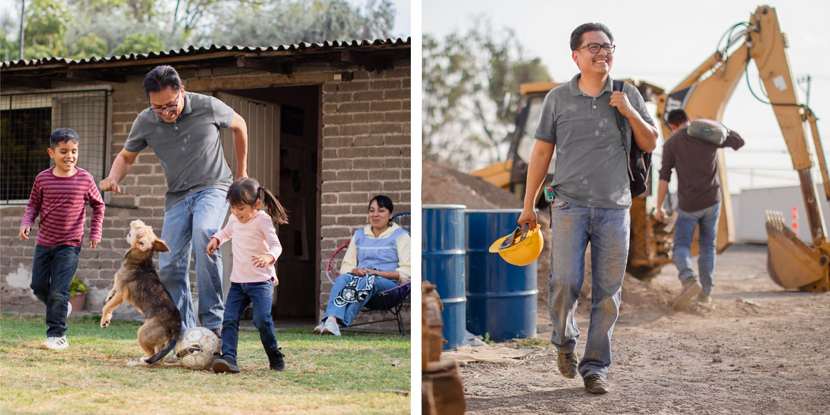 مجموعه‌ای از تصاویر:‏ ۱)‏ پدری در حالی که بعد از یک روز کاری،‏ محل ساختمان‌سازی را ترک می‌کند،‏ لبخند می‌زند.‏ ۲)‏ بعداً او با دو فرزند و سگشان بیرون خانهٔ ساده‌شان بازی می‌کند،‏ در حالی که همسرش با خوشحالی به آن‌ها نگاه می‌کند.‏