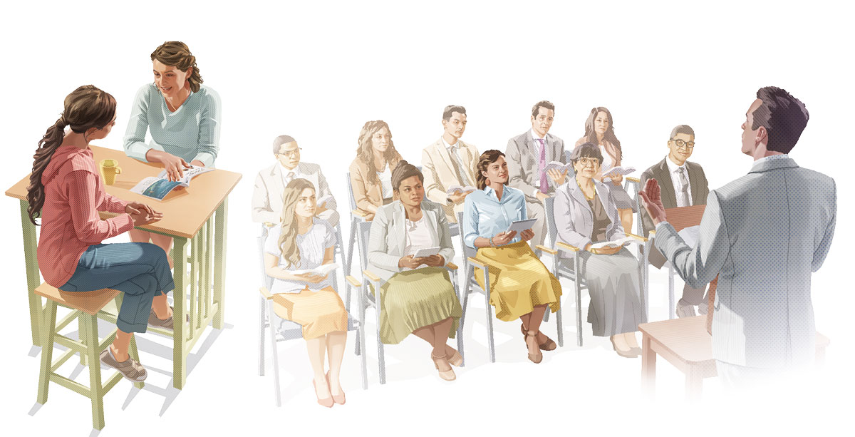 تصاویر:‏ ۱.‏ یک شاگرد کتاب مقدّس در حال شرکت در یکی از جلسات شاهدان یَهُوَه.‏ ۲.‏ همان شاگرد کتاب مقدّس در حال موعظه.‏