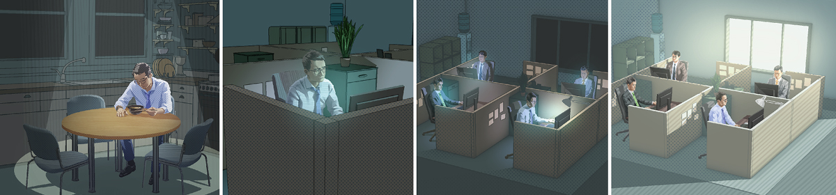 تصاویر:‏ مردی به کارش اولویت می‌دهد.‏ ۱.‏ طی روز در دفترش کار می‌کند.‏ ۲.‏ تا دیروقت در دفترش می‌ماند.‏ ۳.‏ همکارانش به خانه رفته‌اند ولی او اضافه‌کاری می‌کند.‏ ۴.‏ در خانه شامش را تنها می‌خورد.‏