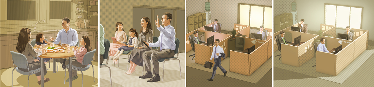 تصاویر:‏ همان مرد برای چیزهای مهم‌تر وقت می‌گذارد.‏ ۱.‏ طی روز در دفترش کار می‌کند.‏ ۲.‏ آخر روز محل کارش را ترک می‌کند.‏ ۳.‏ طی جلسه برای جواب دادن به سؤالی دستش را بالا می‌برد.‏ ۴.‏ با همسر و دو بچه‌اش شام می‌خورد.‏