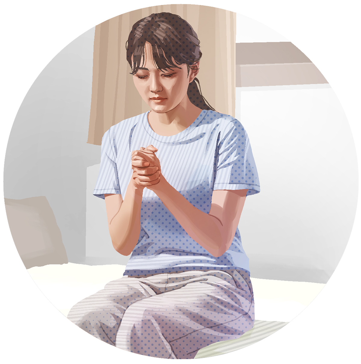 آن خانم جوان در اتاقش دعا می‌کند.‏