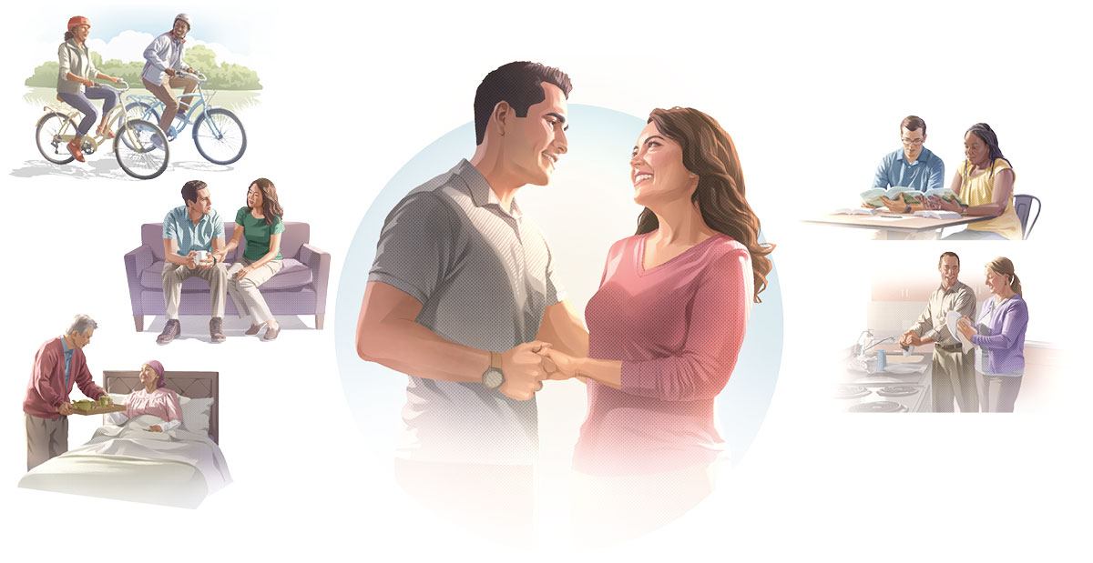 زن و شوهری دست هم را نگه داشته‌اند و عاشقانه به هم نگاه می‌کنند.‏ تصاویر:‏ زوج‌هایی شاد به شکل‌های مختلف رابطه‌شان را قوی‌تر می‌کنند.‏ این تصاویر در این درس تکرار شده‌اند.‏