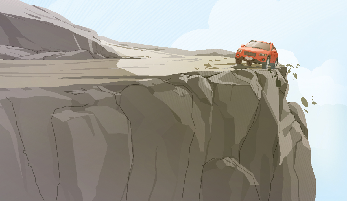 ماشینی در لبهٔ پرتگاه در حرکت است و چیزی نمانده که به دره بیفتد