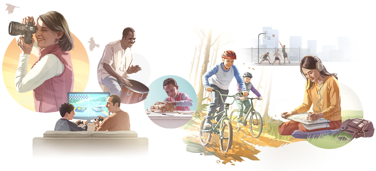 تصاویر:‏ مردمی از سنین مختلف از تفریحات سالم لذّت می‌برند.‏ ۱.‏ دختری آهنگ گوش می‌دهد و نقاشی می‌کند.‏ ۲.‏ سه پسر با هم بسکتبال بازی می‌کنند.‏ ۳.‏ دو پسر دوچرخه‌سواری می‌کنند.‏ ۴.‏ پسری یک ماکت ماشین درست می‌کند.‏ ۵.‏ مرد جوانی تنبک می‌زند.‏ ۶.‏ پسری با پدرش بازی کامپیوتری می‌کند.‏ ۷.‏ زن جوانی از طبیعت عکس می‌گیرد.‏