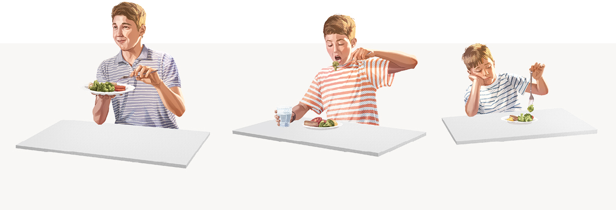 تصاویری از پسری که به‌مرور به غذایی علاقه پیدا می‌کند.‏ ۱.‏ پسری از مزهٔ غذایی خوشش نمی‌آید.‏ ۲.‏ همان پسر که کمی بزرگ‌تر شده است،‏ آن غذا را می‌خورد.‏ ۳.‏ همان پسر که به سن نوجوانی رسیده است،‏ از خوردن آن غذا لذّت می‌برد.‏ 