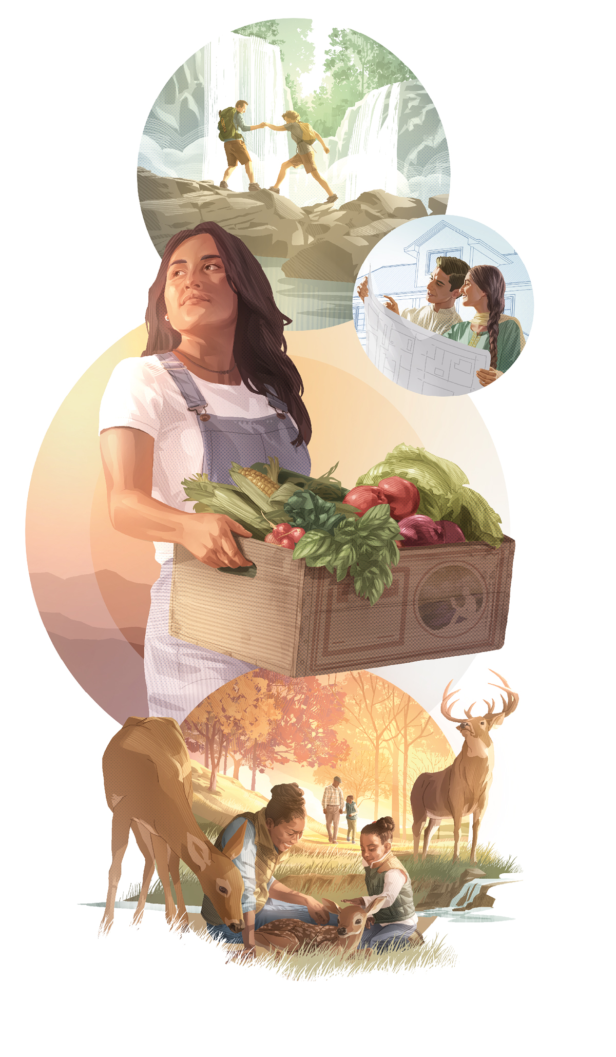 تصاویری از مردم که در بهشت روی زمین از زندگی ابدی لذّت می‌برند.‏ ۱.‏ زوجی در حال کوه‌نوردی کنار یک آبشار.‏ ۲.‏ زوجی در حال بررسی نقشهٔ خانه‌ای که می‌خواهند برای خود بسازند.‏ ۳.‏ زنی در حال حمل جعبه‌ای پر از سبزیجات تازه.‏ ۴.‏ مادری همراه دخترش در حال نوازش یک بچه آهو.‏ پدری در حال صحبت کردن با پسرش.‏