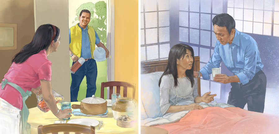 شوهری از همسر بیمارش مراقبت می‌کند؛‏ زنی برای شوهرش غذا درست می‌کند.‏