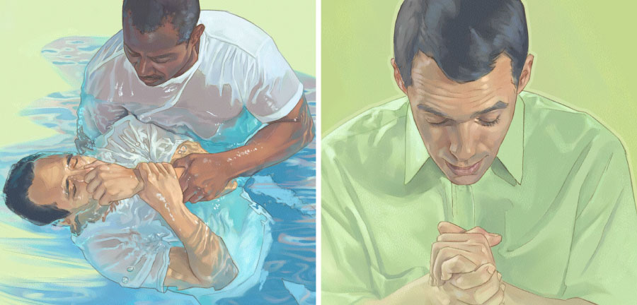 یک مرد خودش را در دعا به یَهُوَه وقف می‌کند و تعمید می‌گیرد