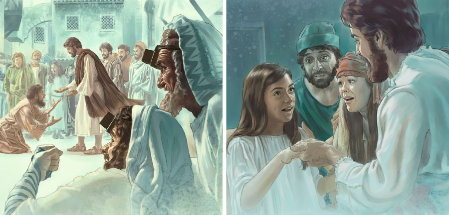 عیسی یک دختر را به زندگی برمی‌گرداند و یک مرد بیمار را شفا می‌دهد