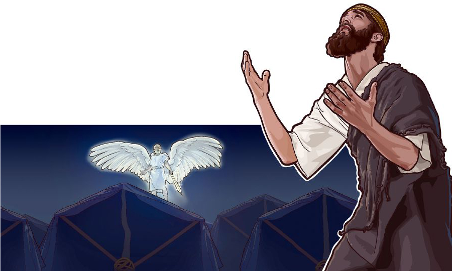 حِزْقیا در حال دعا و فرشته‌ای شمشیر به دست