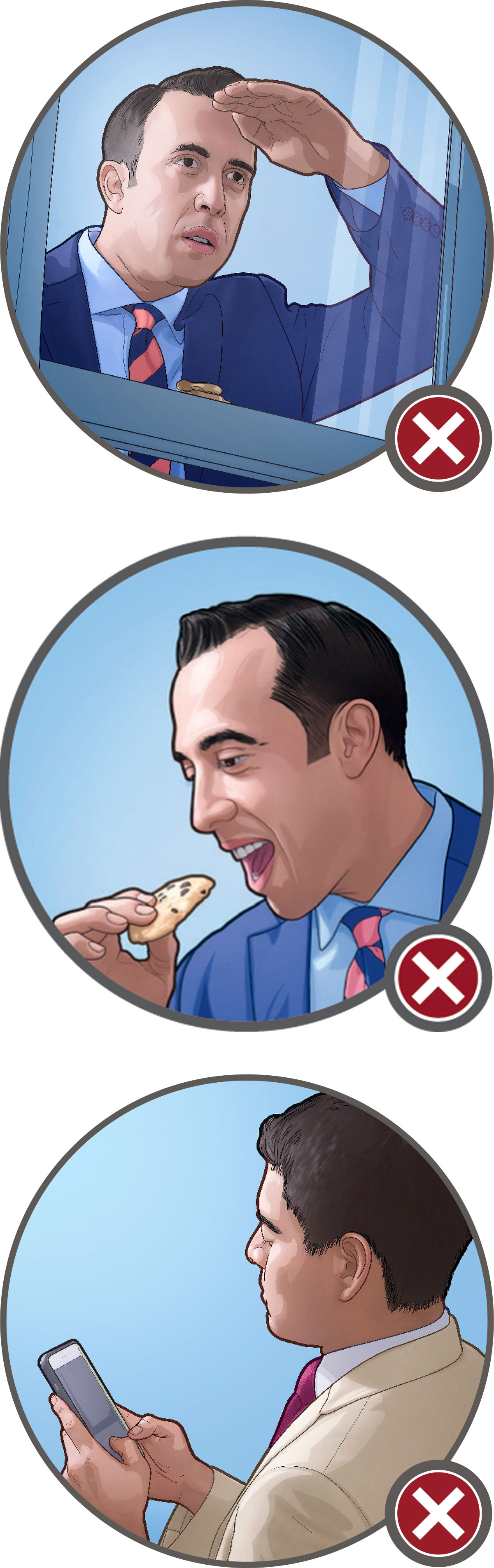 طی موعظهٔ خانه‌به‌خانه،‏ برادری از پشت پنجره نگاه می‌کند؛‏ برادری دیگر بیسکویت می‌خورد؛‏ برادری دیگر پیامک می‌فرستد