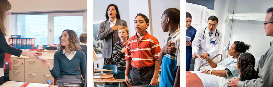 زنی شاهد در حال گفتگو با پزشک؛‏ پسری شاهد در برابر پرچم ادای احترام نمی‌كند؛‏ يک شاهد يَهُوَه به پارتی دعوت می‌شود