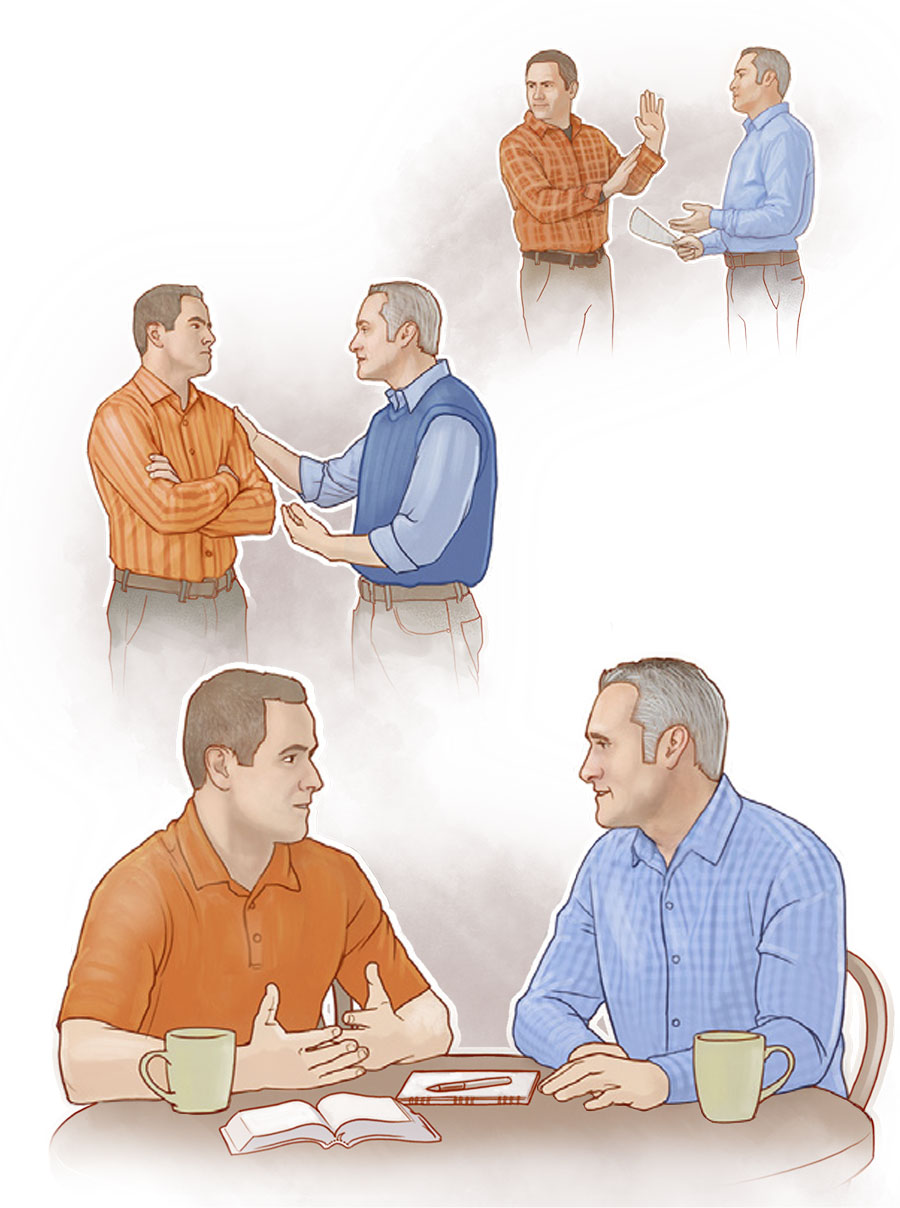 با استفاده از آيات،‏ دو برادر در مورد اختلافی صحبت می‌كنند و يكديگر را می‌بخشند