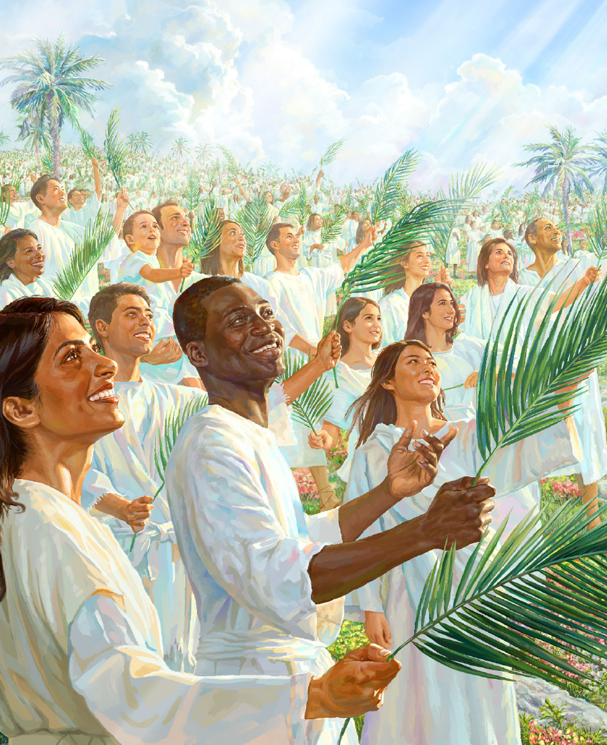 گروهی عظيم كه رداهای سفيد بر تن دارند و شاخه‌های نخل در دستشان است