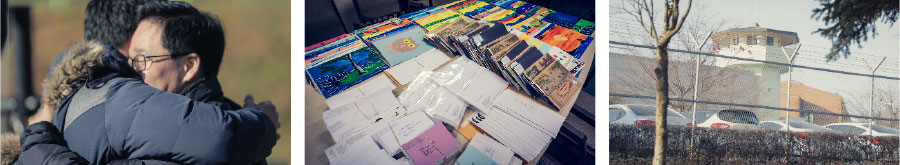 زندانی كره‌ای كه زمانی شاهدان يَهُوَه در آن زندانی بودند؛‏ نامه‌های فرستاده‌شده از طرف شاهدان يَهُوَه به برادران زندانی؛‏ پدر و پسری كه پس از ديدن دوبارهٔ هم،‏ يكديگر را در آغوش گرفته‌اند 